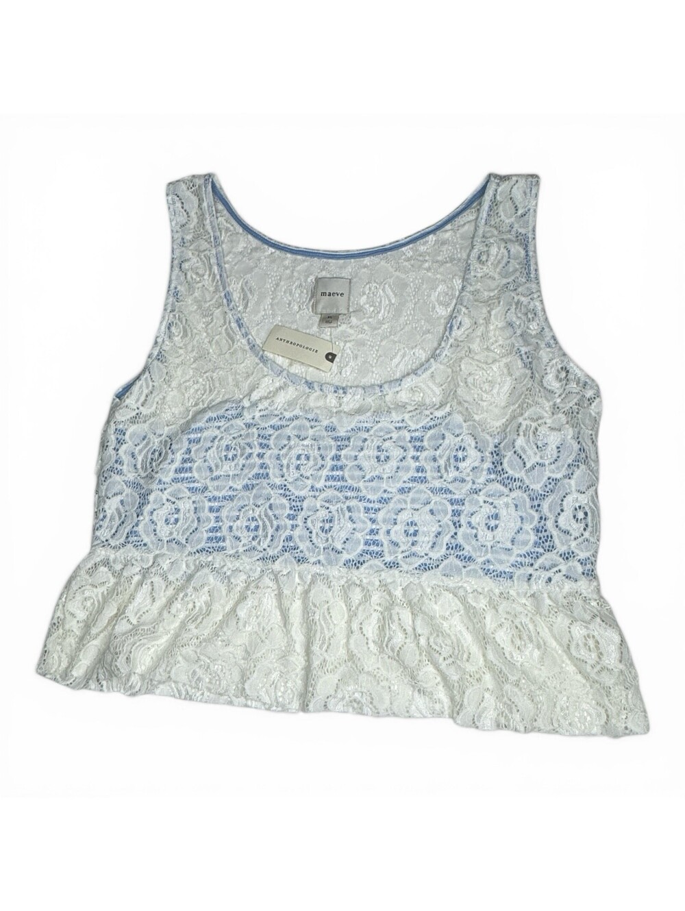 Anthro Maeve Lace Tank XL White Blue Peplum Romantic Coastal NWT